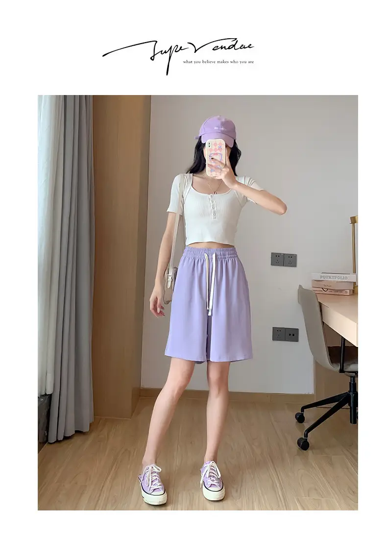 Women Drawstring Ice Silk Shorts Pink 5Q — feature 53