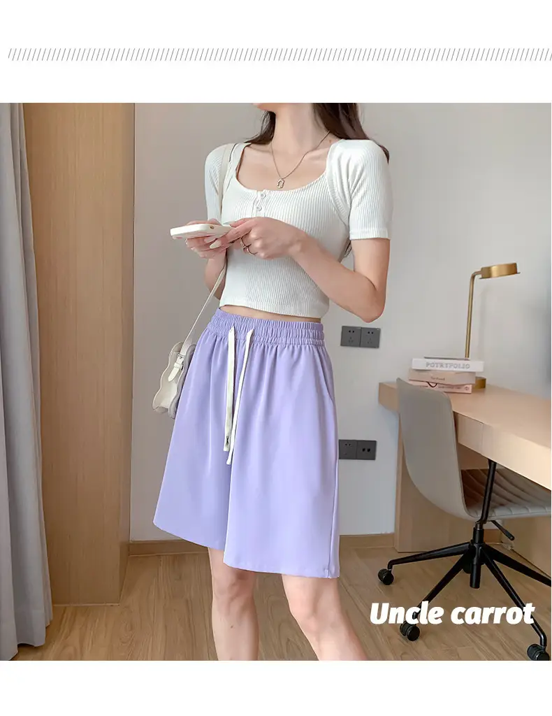 Women Drawstring Ice Silk Shorts Pink 5Q — feature 54
