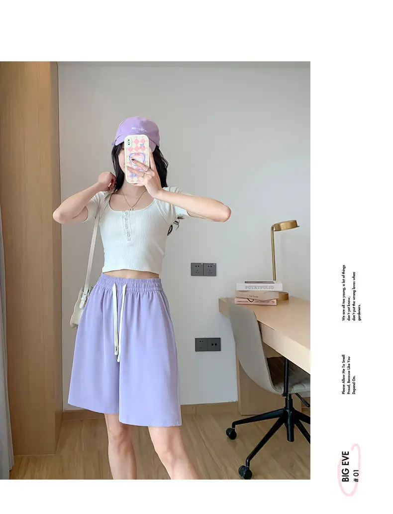 Women Drawstring Ice Silk Shorts Pink 5Q — feature 55