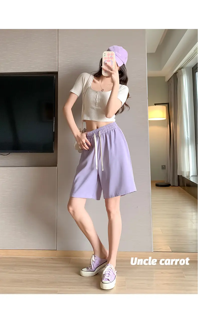 Women Drawstring Ice Silk Shorts Pink 5Q — feature 56