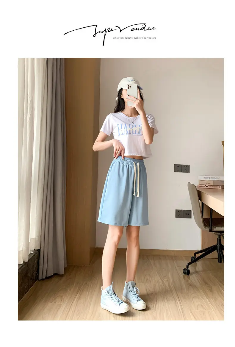 Women Drawstring Ice Silk Shorts Pink 5Q — feature 60