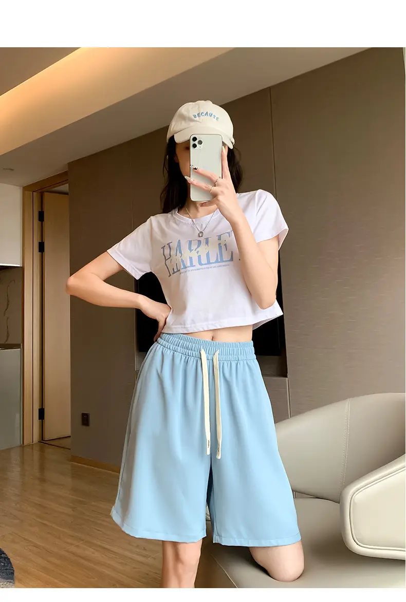 Women Drawstring Ice Silk Shorts Pink 5Q — feature 61