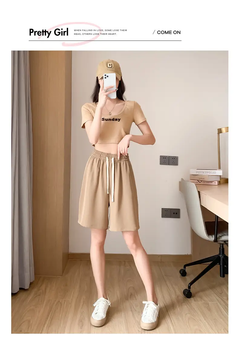 Women Drawstring Ice Silk Shorts Pink 5Q — feature 62