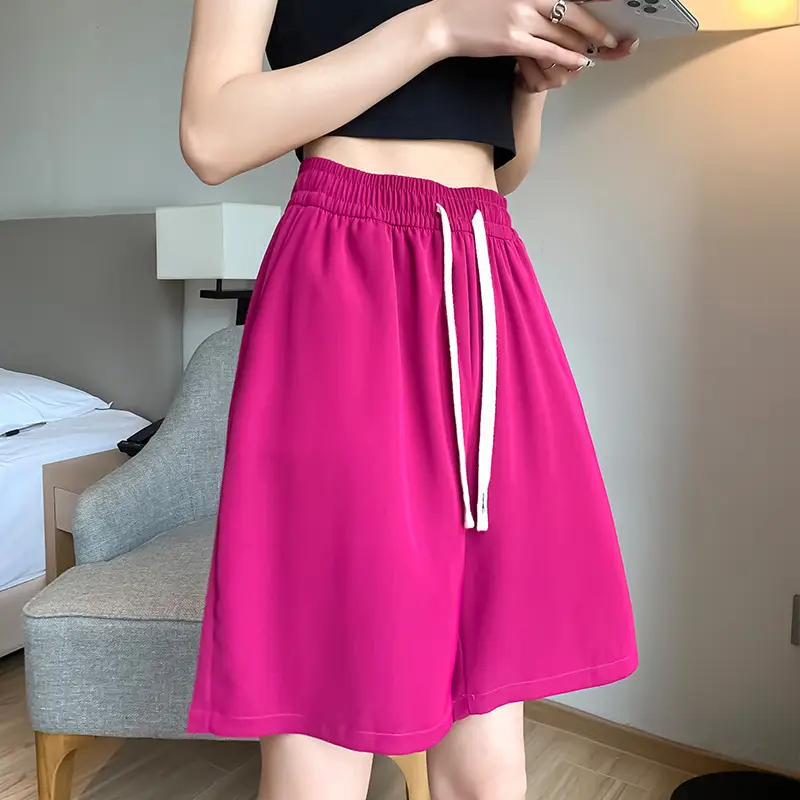Women Drawstring Ice Silk Shorts Pink 5Q - Image 7