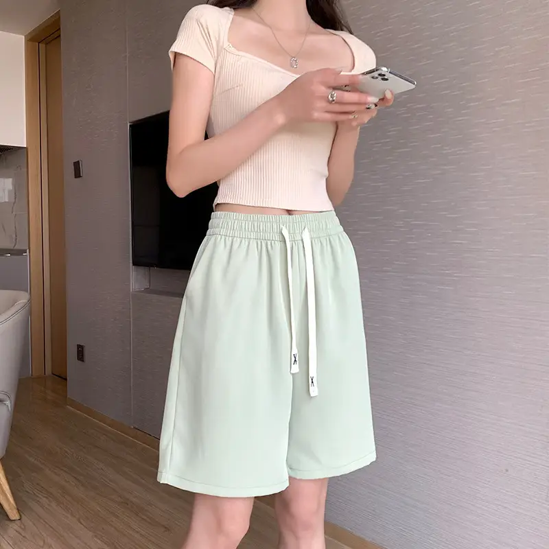 Women Drawstring Ice Silk Shorts Pink 5Q - Image 8