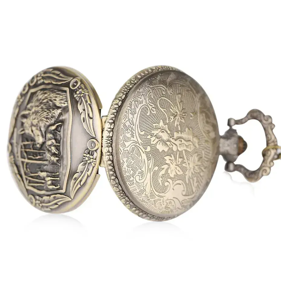 Vintage Bronze Wolf Pocket Watch Necklace for Men Women