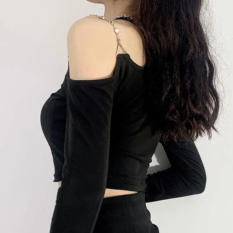 Black Off-shoulder Long Sleeve Women's Slim Fit Top & Shorts Set