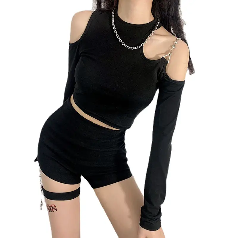 Black Off-shoulder Long Sleeve Women's Slim Fit Top & Shorts Set