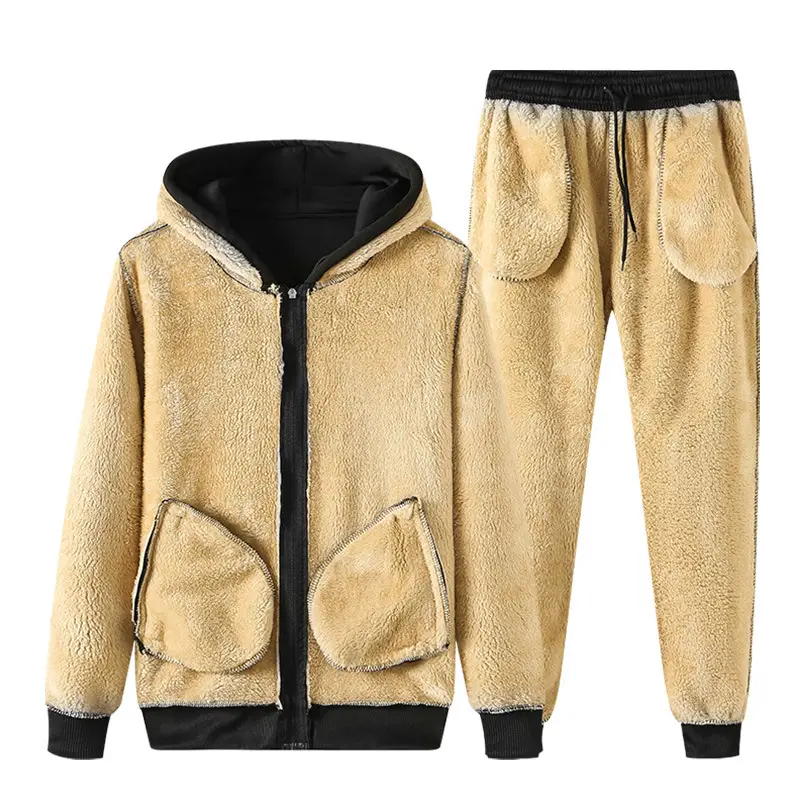 Lamb Fleece Men's Black Hoodie & Pants Set Plus Size - Image 9
