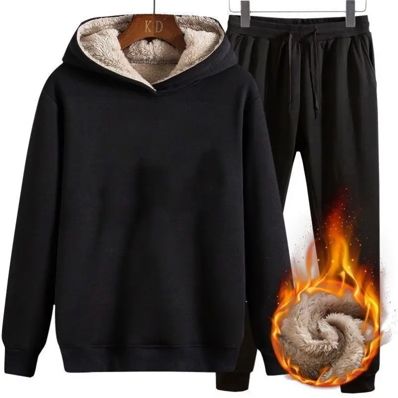 Lamb Fleece Men's Black Hoodie & Pants Set Plus Size - Image 2