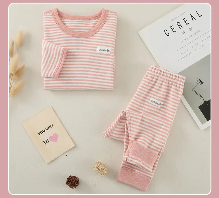 Girls Cotton Striped Pajama Set Pink All Season — feature 15