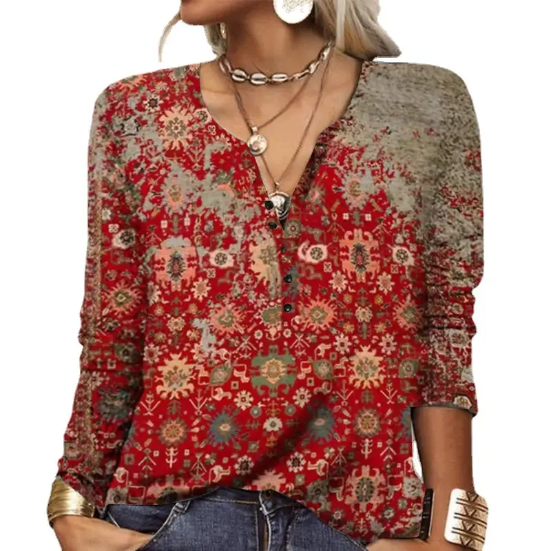 Women Long Sleeve Printed Blue Ethnic T-Shirt 2023 - Image 14