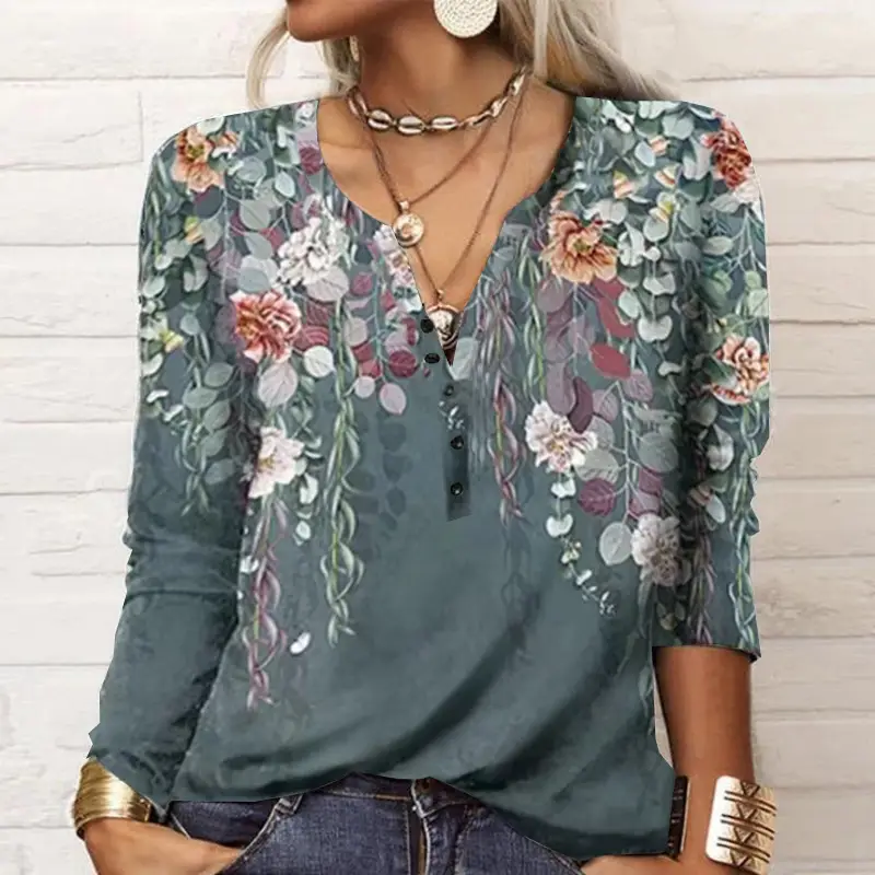 Women Long Sleeve Printed Blue Ethnic T-Shirt 2023 - Image 5