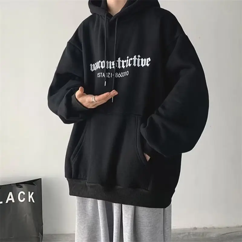 Men's Grey Hooded Sweatshirt Winter Fleece Lined Loose Large — feature 12