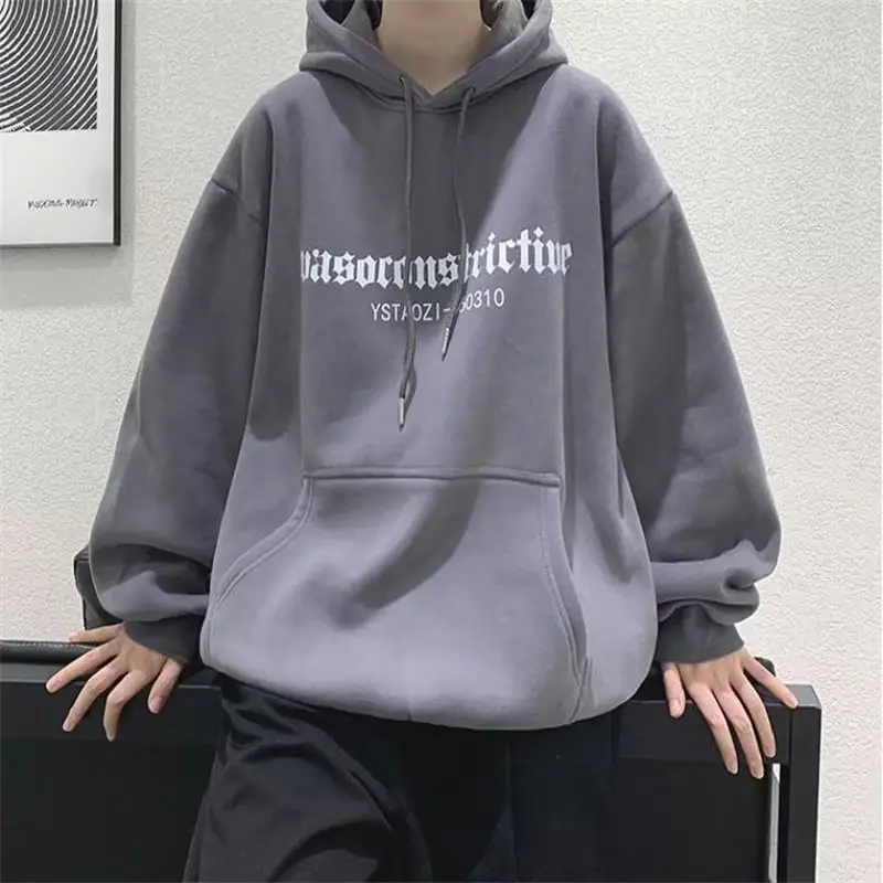 Men's Grey Hooded Sweatshirt Winter Fleece Lined Loose Large — feature 3
