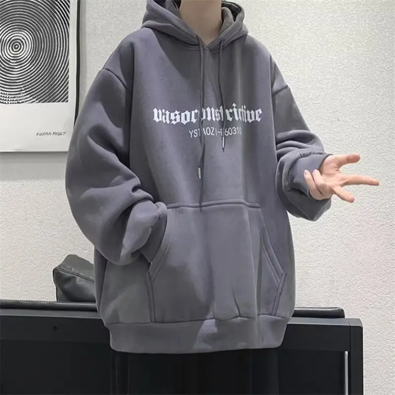 Men's Grey Hooded Sweatshirt Winter Fleece Lined Loose Large — feature 5