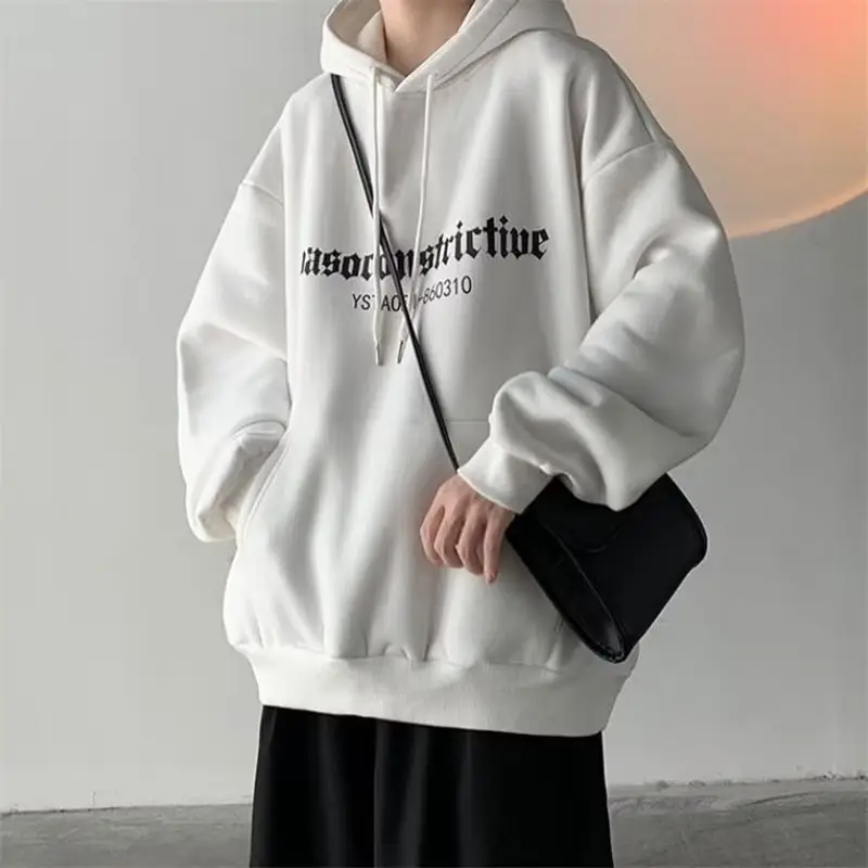 Men's Grey Hooded Sweatshirt Winter Fleece Lined Loose Large