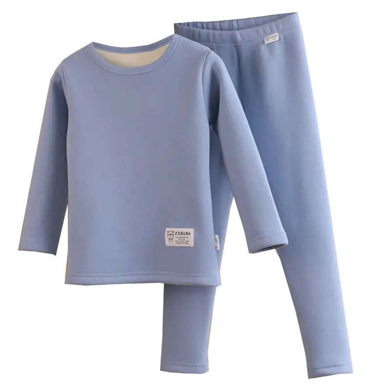 Children Fleece Thermal Underwear Set Blue Medium Large - Image 9