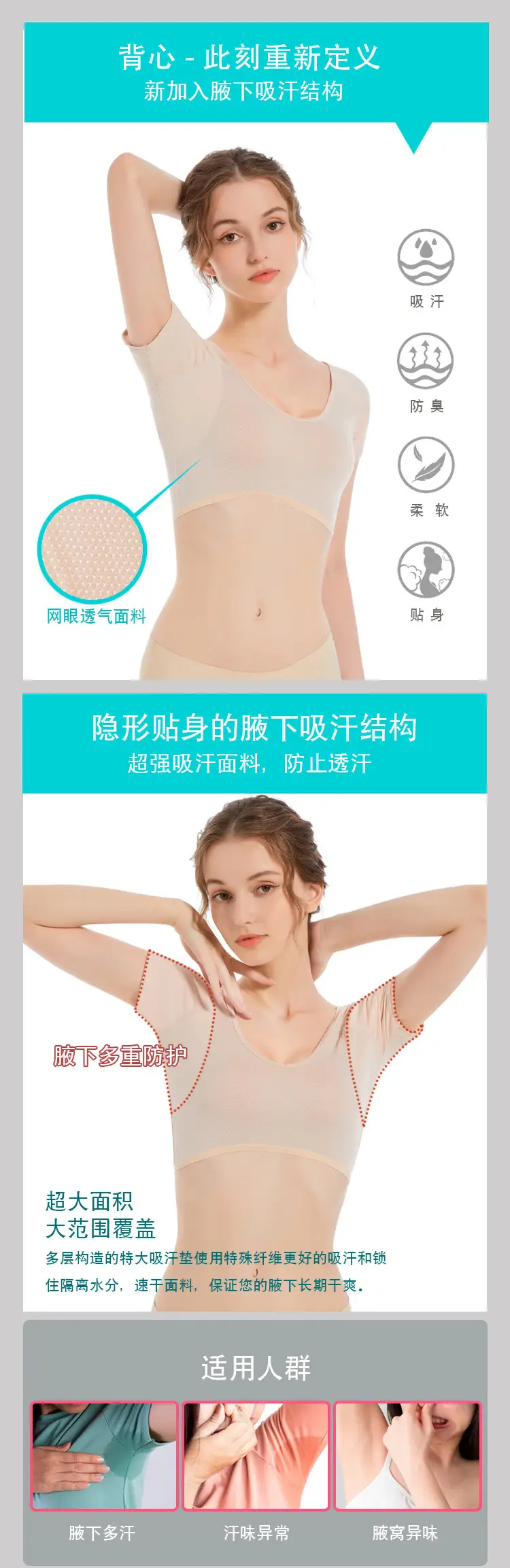 Sweat-proof armpit vest with sweat absorber and chicken collar — feature 2