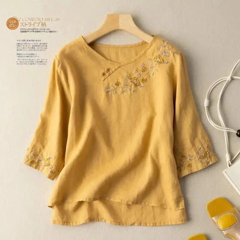 Women Embroidered Cotton Linen T-Shirt Yellow 2024 - Image 24