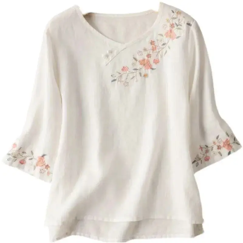 Women Embroidered Cotton Linen T-Shirt Yellow 2024 - Image 25