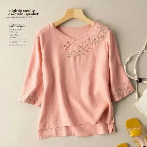 Women Embroidered Cotton Linen T-Shirt Yellow 2024 - Image 19