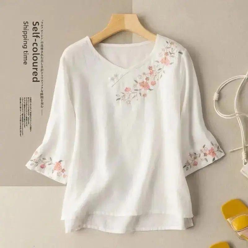 Women Embroidered Cotton Linen T-Shirt Yellow 2024 - Image 2