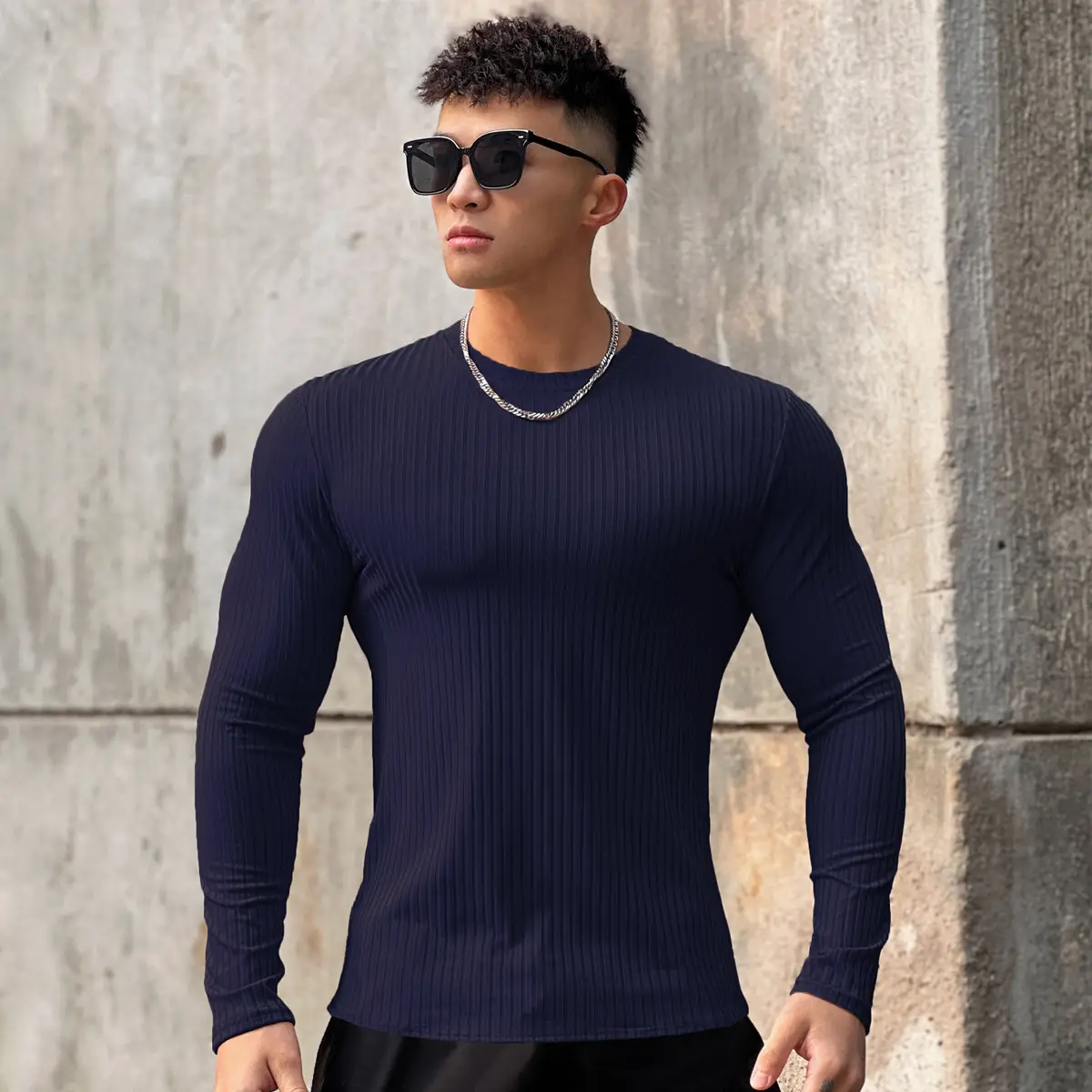 Men's Navy Long Sleeve T-Shirt Pullover Winter Pullover