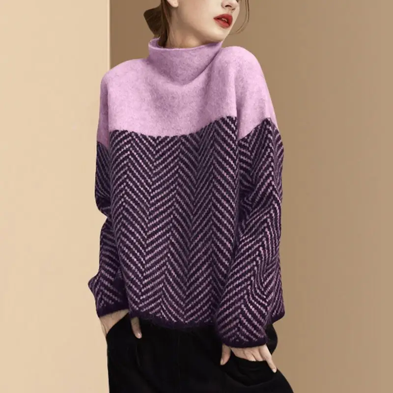 Women's Korean Style Knitted Turtleneck Sweater Purple Lavender