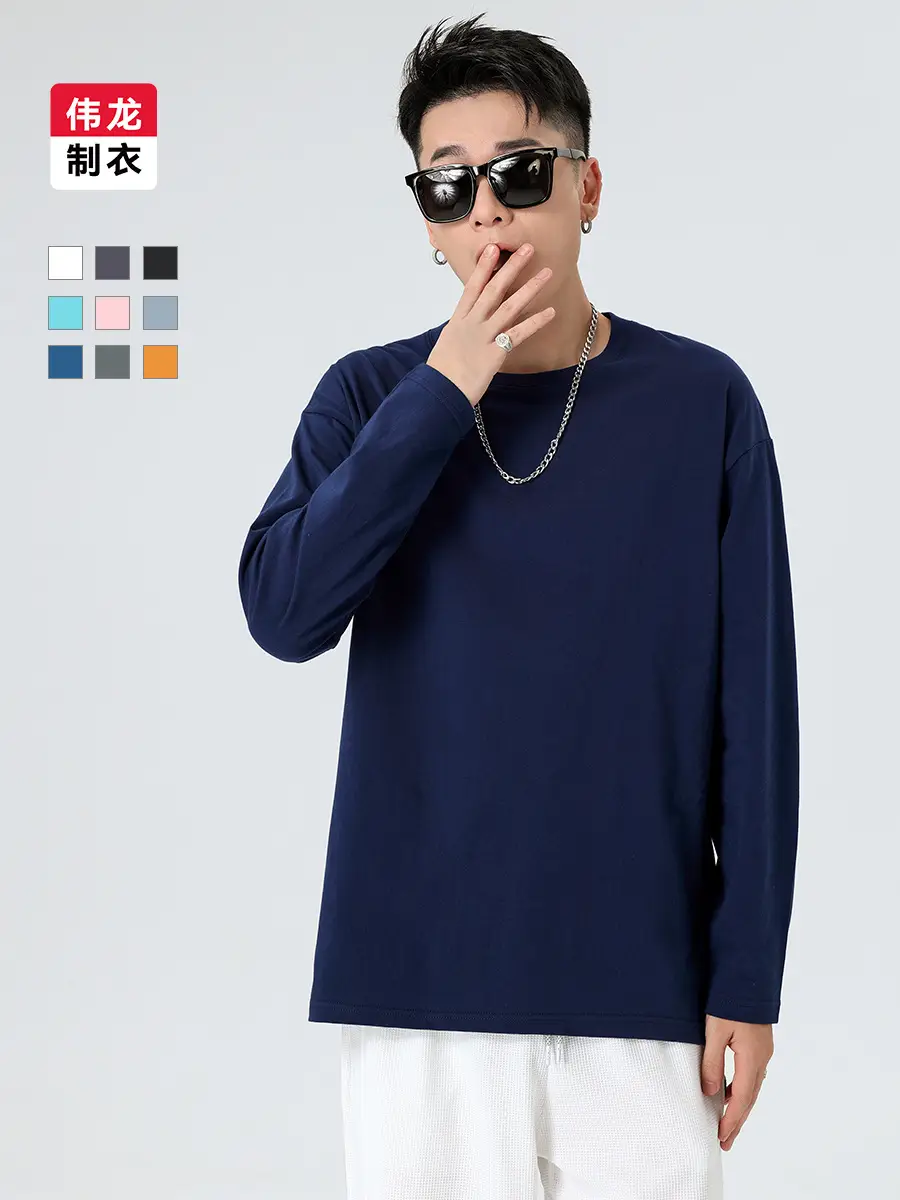 Men Long Sleeve T-Shirt Navy Blue Pure Cotton Winter Ins - Image 11