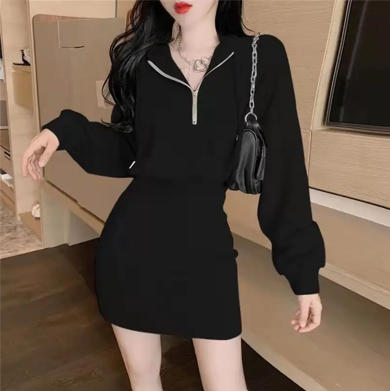 Light Grey Long Sleeve Waist Hip Dress for Women