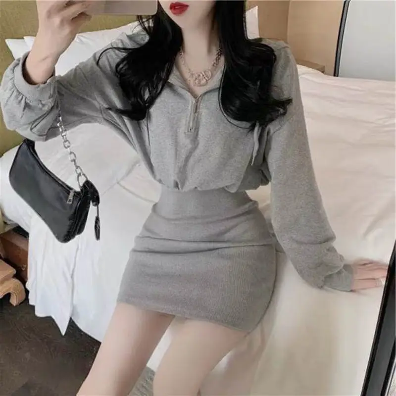 Light Grey Long Sleeve Waist Hip Dress for Women