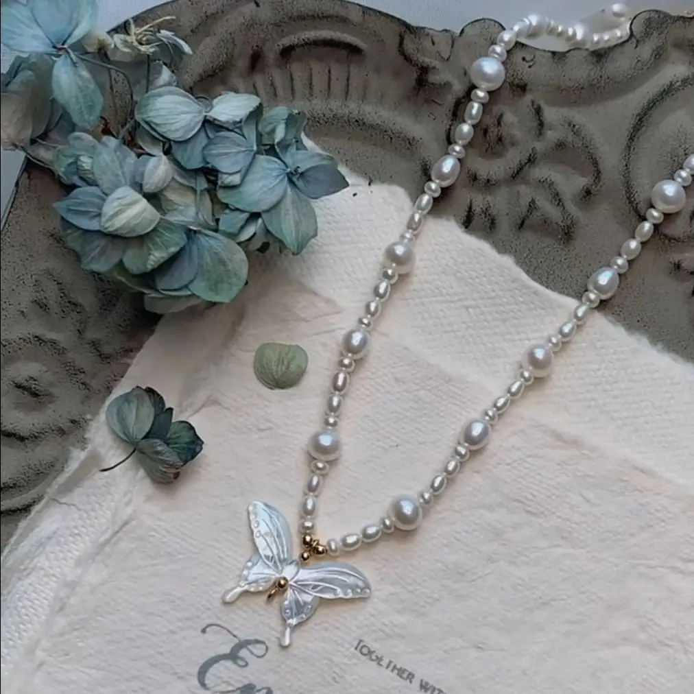 Natural Pearl Butterfly Necklace with White Butterfly Pendant - Image 3