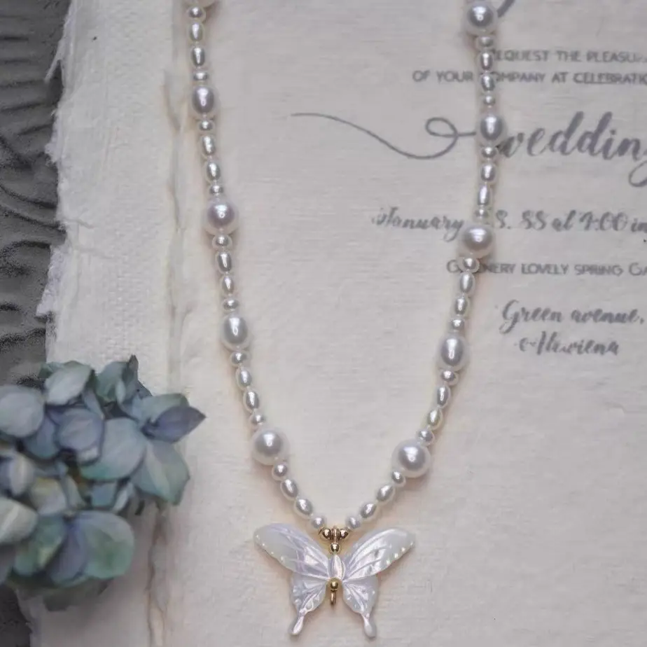 Natural Pearl Butterfly Necklace with White Butterfly Pendant - Image 4