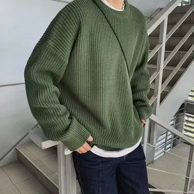 Men's Fleece Lined Winter Sweater Olive Green Loose Fit - Image 3