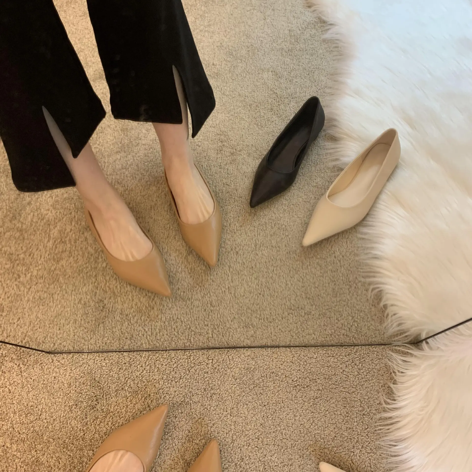 Women's White Leather Pointed Toe Flat Heels — feature 3