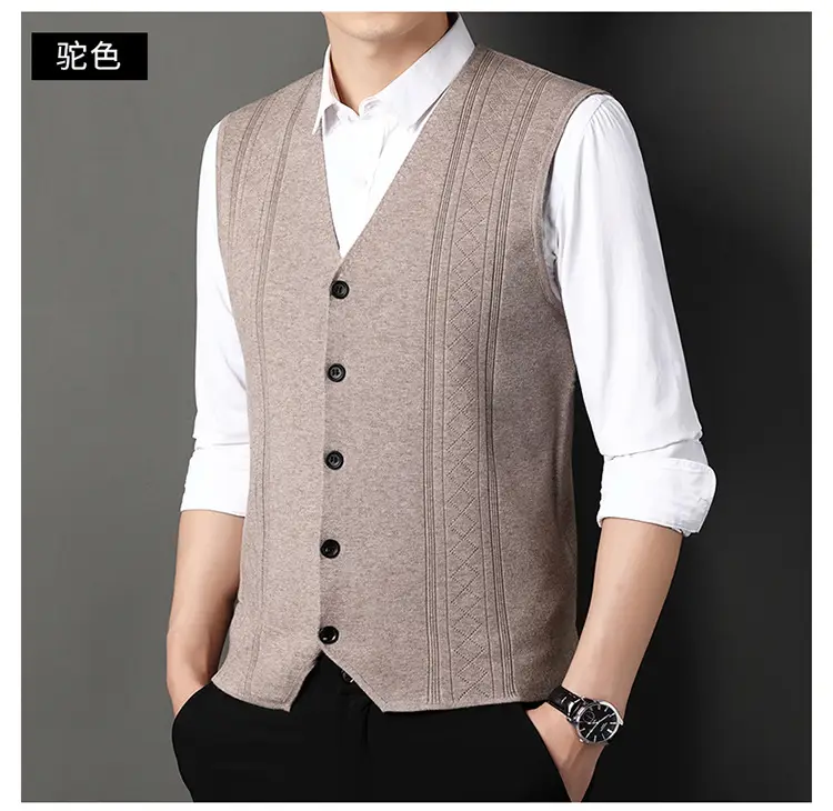 Men V-Neck Knitted Vest with Buckle Autumn Winter — feature 12