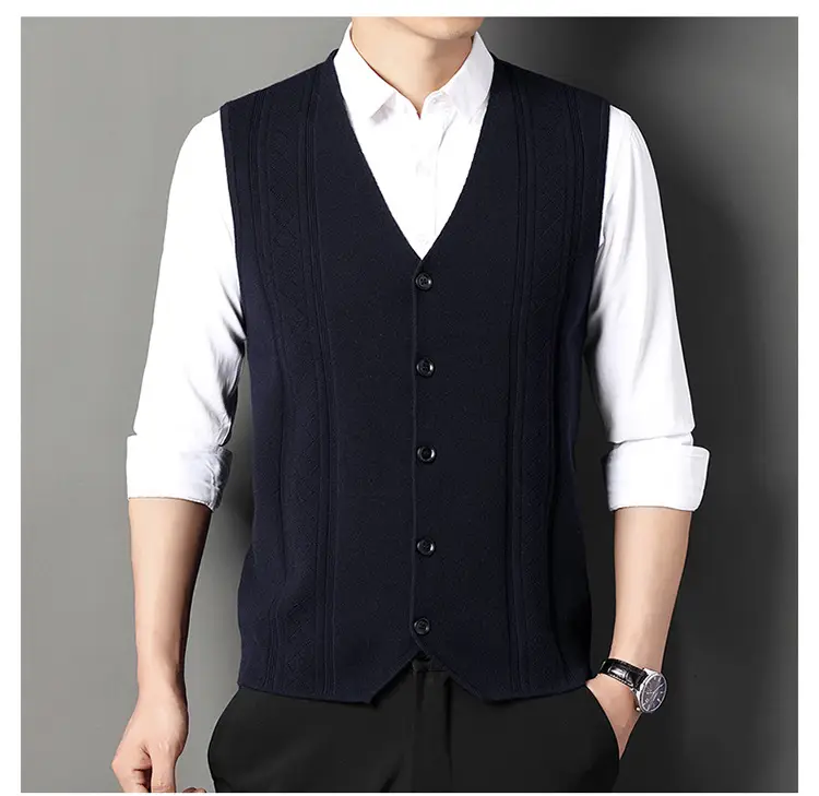 Men V-Neck Knitted Vest with Buckle Autumn Winter — feature 17