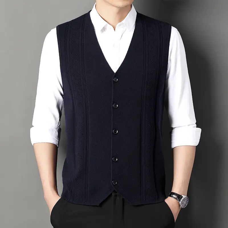 Men V-Neck Knitted Vest with Buckle Autumn Winter - Image 3