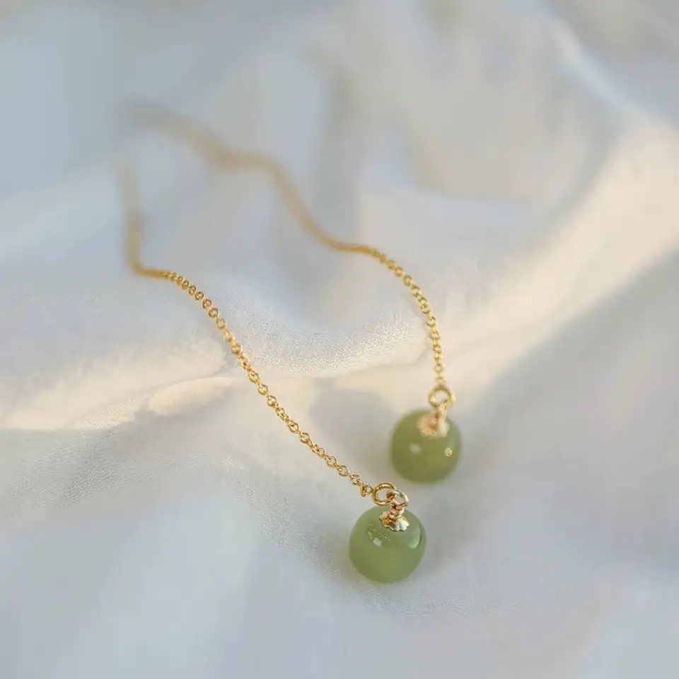 Natural Hetian Jade Long Earrings 14K Gold Tassel - Image 2