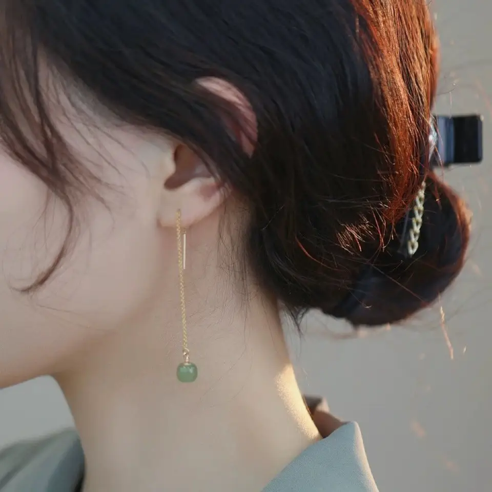 Natural Hetian Jade Long Earrings 14K Gold Tassel - Image 3