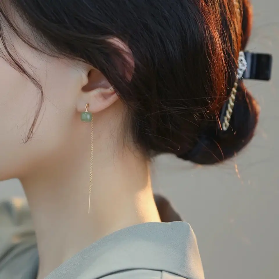 Natural Hetian Jade Long Earrings 14K Gold Tassel - Image 4