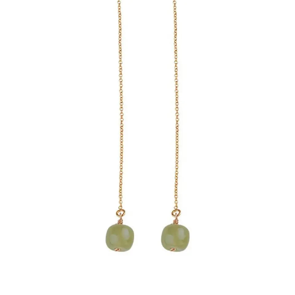 Natural Hetian Jade Long Earrings 14K Gold Tassel - Image 5