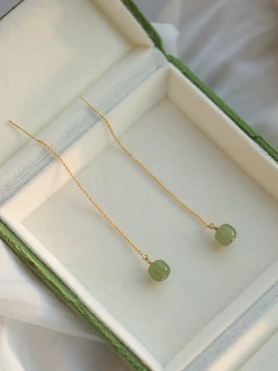 Natural Hetian Jade Long Earrings 14K Gold Tassel — feature 1