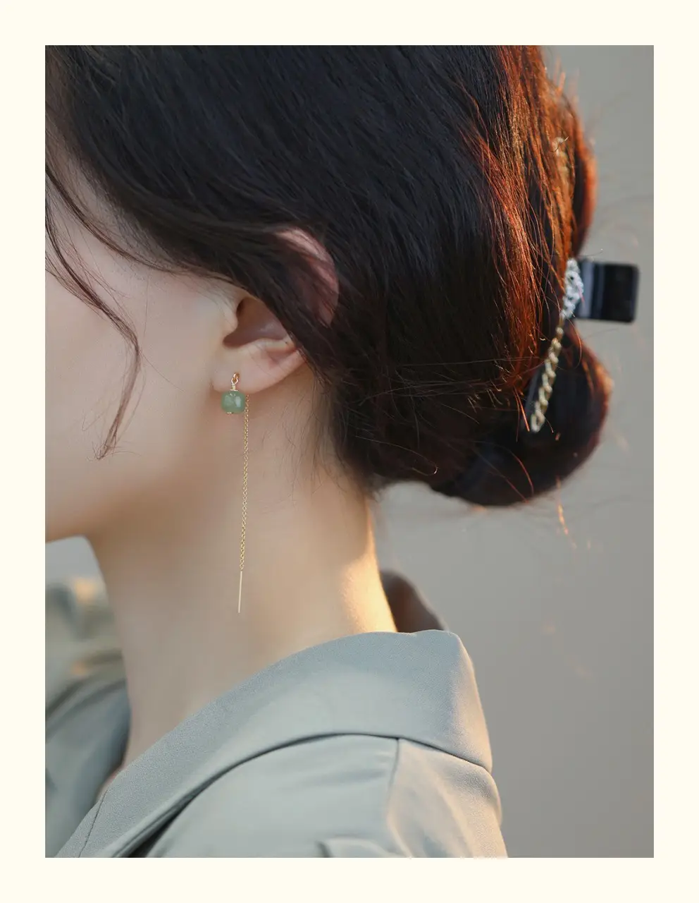 Natural Hetian Jade Long Earrings 14K Gold Tassel — feature 10