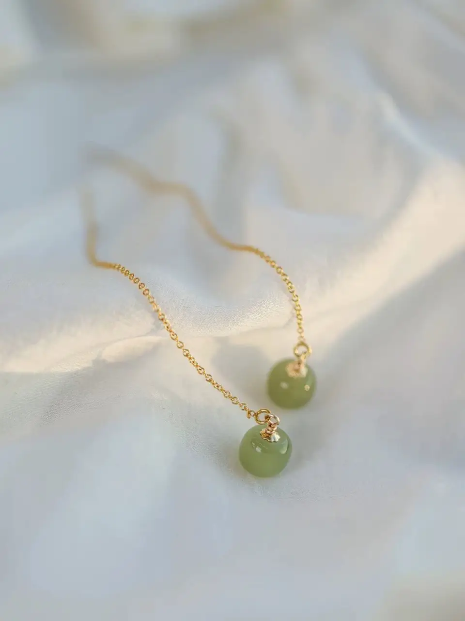 Natural Hetian Jade Long Earrings 14K Gold Tassel — feature 2