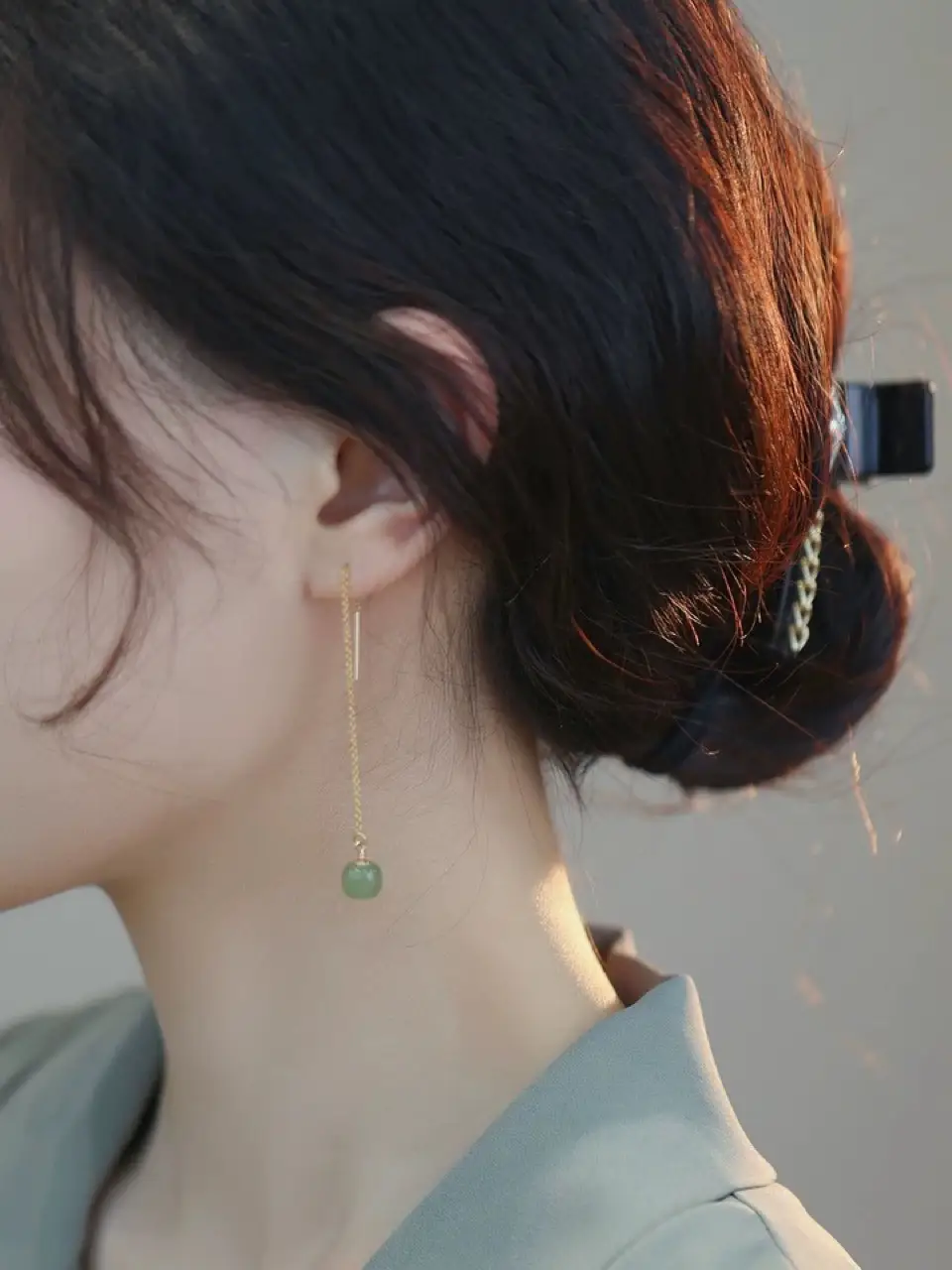 Natural Hetian Jade Long Earrings 14K Gold Tassel — feature 3