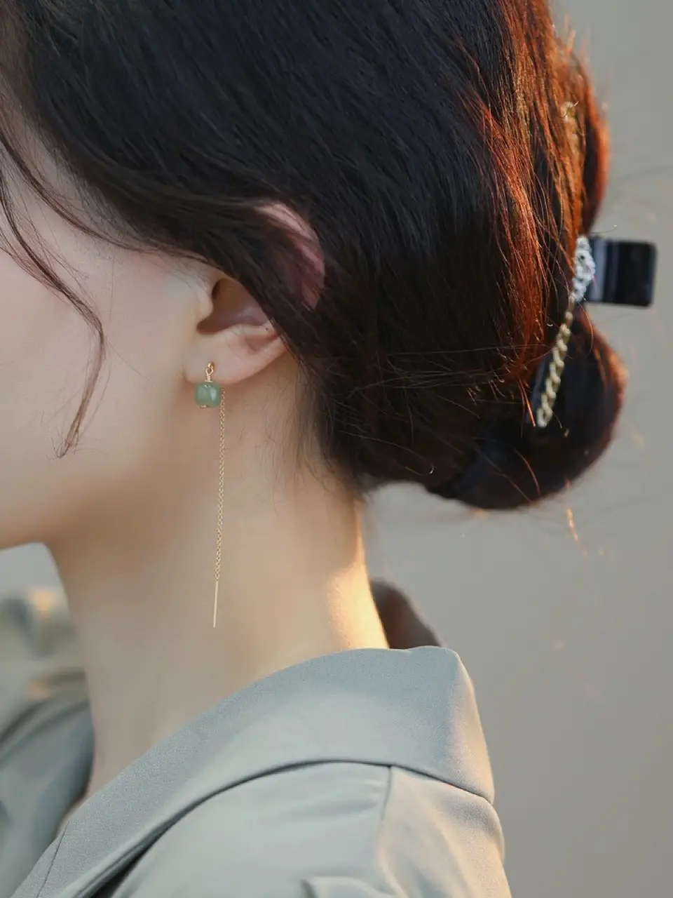 Natural Hetian Jade Long Earrings 14K Gold Tassel — feature 4