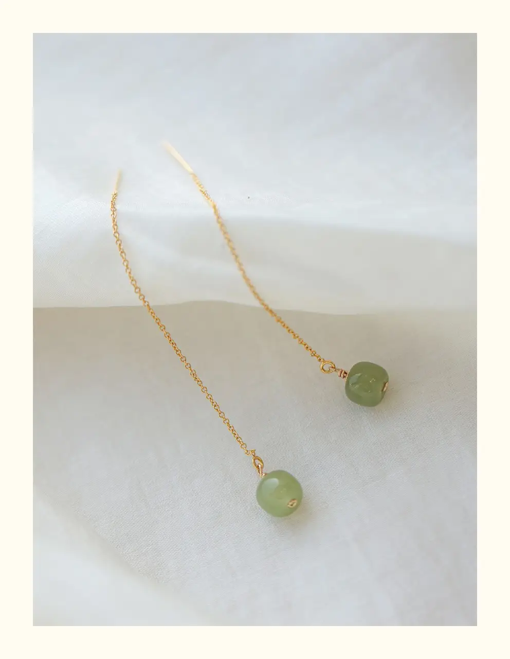 Natural Hetian Jade Long Earrings 14K Gold Tassel — feature 6