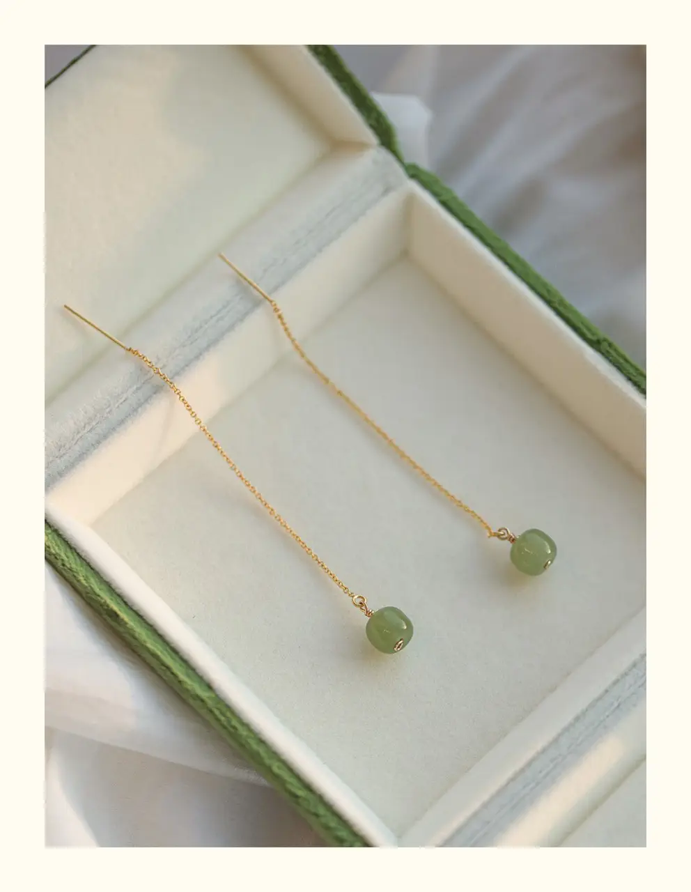 Natural Hetian Jade Long Earrings 14K Gold Tassel — feature 7